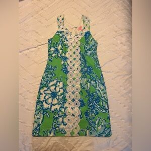 Lilly Pulitzer Trudy Shift Dress 4 Go Go Green Northeast Hahbah Pique Lace Trim